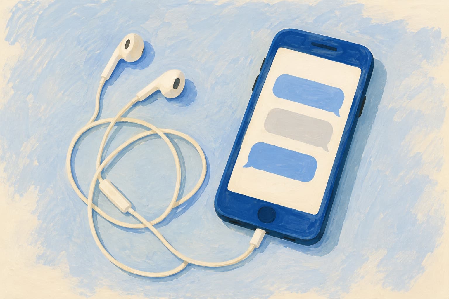 Gouache painting of a blue phone with message bubbles beside cream earbuds.
