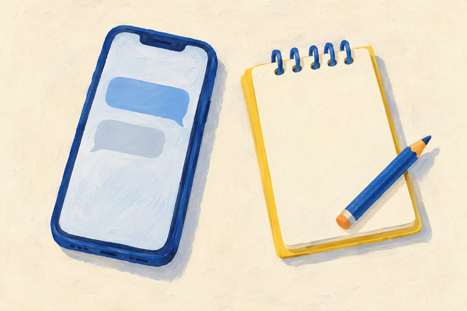 Gouache painting of a blue phone beside a blank yellow notepad and a pencil.